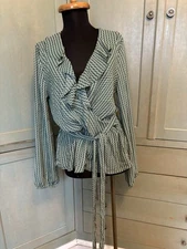 Max Studio $98 Faux Wrap Tunic Blouse Top Green Beige White Silky Polyester - L