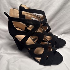 Windsor Dress Shoes Strappy Zip 4” Heel. Black Faux Suede.