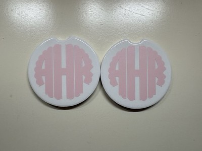 Ceramic Monogram Round Coaster Set of 2 White Pink Personalized Design