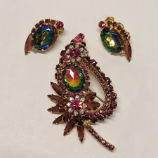 3" Original Juliana D&E Watermelon Art Glass Leaf Flower Brooch Earrings Set VTG