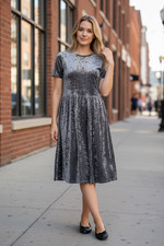 Velour Holiday Party Stretchy Midi Fit Flare Peasant Dress Gray S Short Sleeve