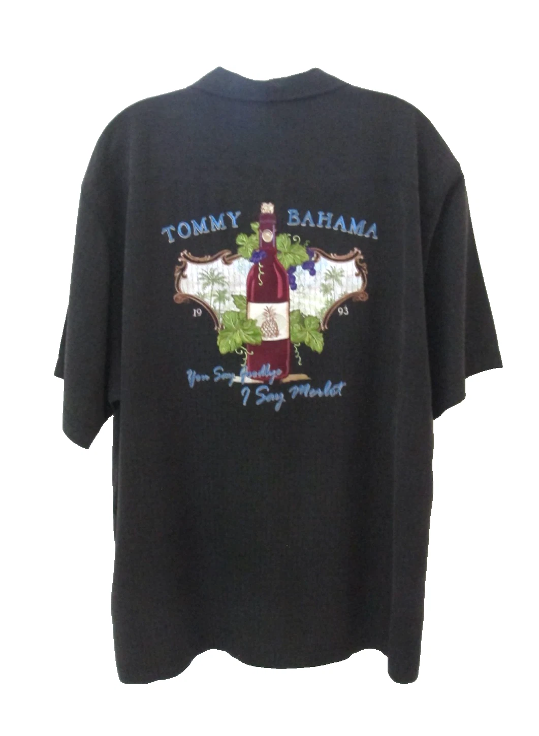 Tommy Bahama Shirt Men's X-Large Black "You Say Goodbye I Say Merlot" 100% Silk
