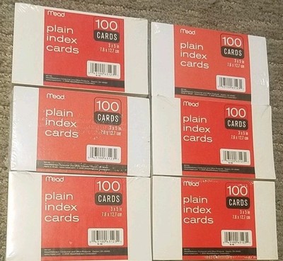 Lot of 6 New Sealed Mead Plain Index Cards 100 count 3x5 inch 7.6x12.7 cm