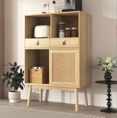 Sideboard aus Holz mit 2 Rattan-Türen 2 Schubladen 80x39x120cm Buffetschrank Neu