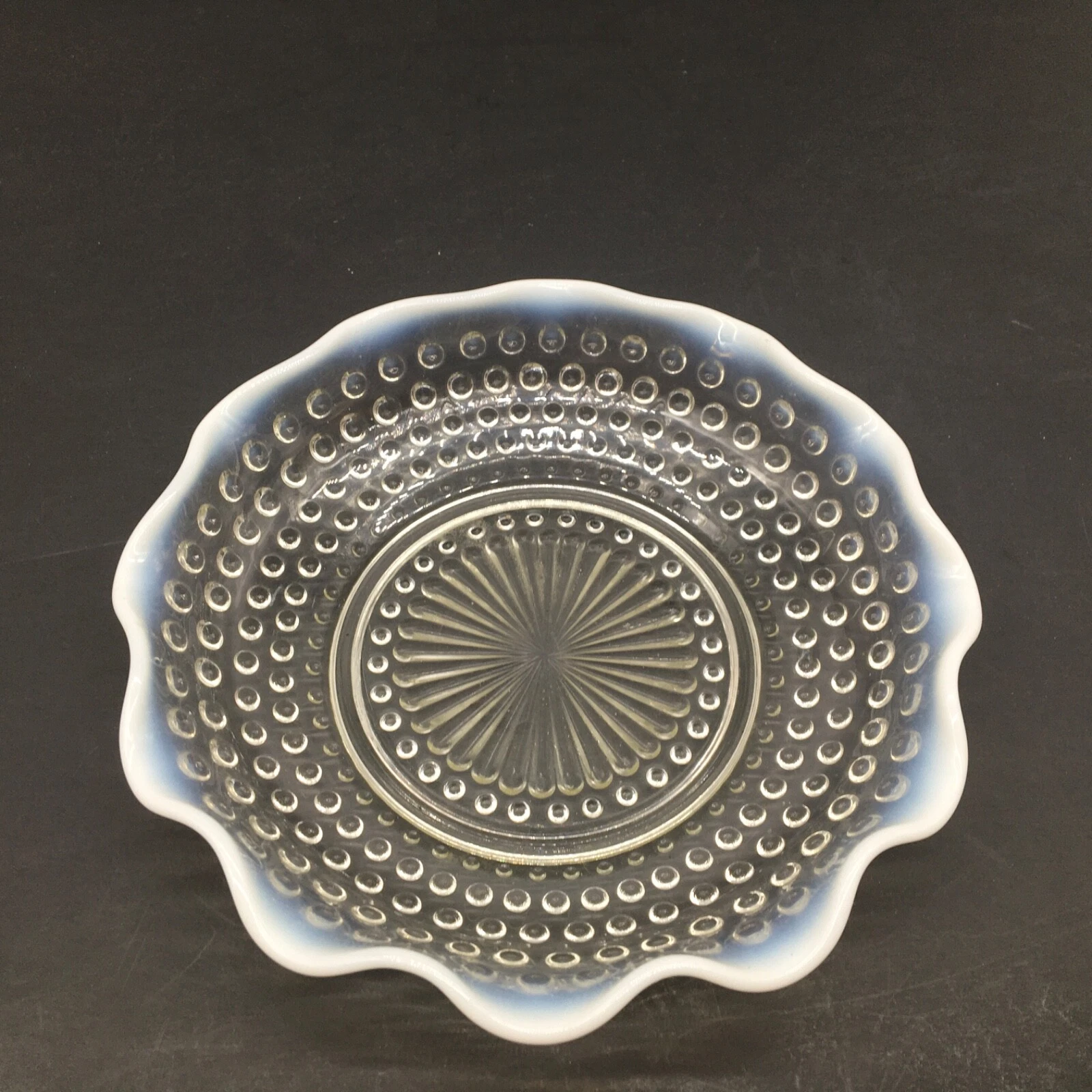 Vtg Moonstone Clear Opalescent Anchor Hocking 7 3 4" Round Crimped Bowl