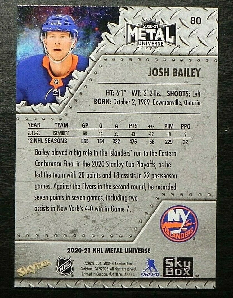 2020-21 20/21 Skybox Metal Universe #80 Josh Bailey New York Islanders - Image 2 of 2