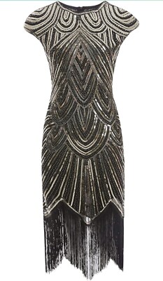 20s cocktail dresses Queendancer Women Roaring 20s Party Dress Black Beaded Gatsby Fringed Flapper Dress queendancer