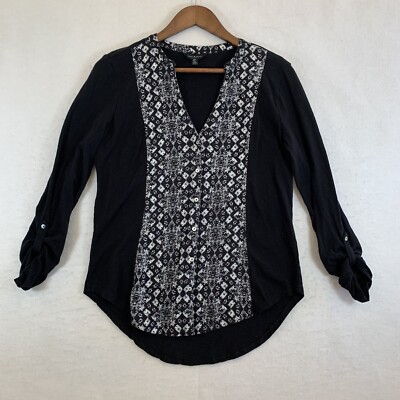 Lucky Brand Women s Top Size Small Black White Top Shirt Button Down V Neck