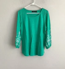 Susan Graver Textured Cotton Blouson-Sleeve Eyelet Top - Jade (Sz M) a479166 -
