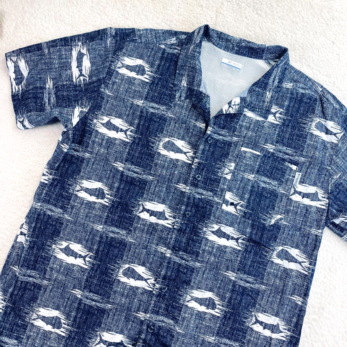 Columbia PFG Shirt Men's Size XXL Dark Blue White Sportfish Print Short Sleeve