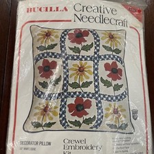 Bucilla Blue Ribbon Floral Pillow Crewel Embroidery Kit Retro 16" Linen Vintage