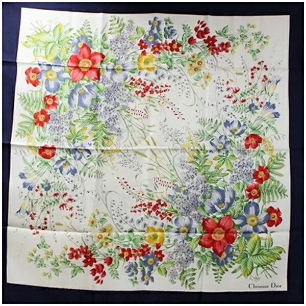 Authentique foulard Christian Dior blanc x bleu marine motif floral occasion rang AB