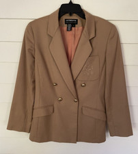Vintage Liz Claiborne Collection 4 Tan Wool Logo Double Breasted Blazer Jacket