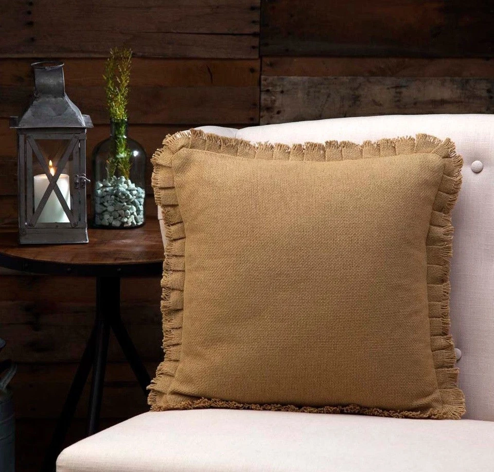 16" x 16" Rustic Fringed Pillow Natural Cotton Tan Burlap Country Pleated Ruffle - Image 2 of 3