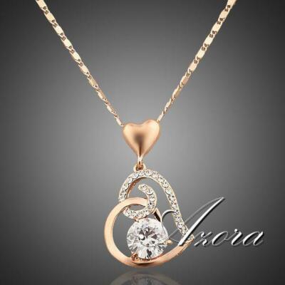18K Rose Gold Plated Double Heart Pendant Necklace Crystal Women Jewelry