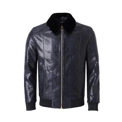 Men's Black Exotic Snake Texture Bomber Jacket Python Print Real Leather Jacket