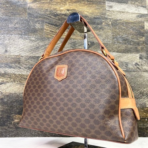 Celine Macadam Pattern PVC Handbag Brown Half Moon Dome Used Authentic
