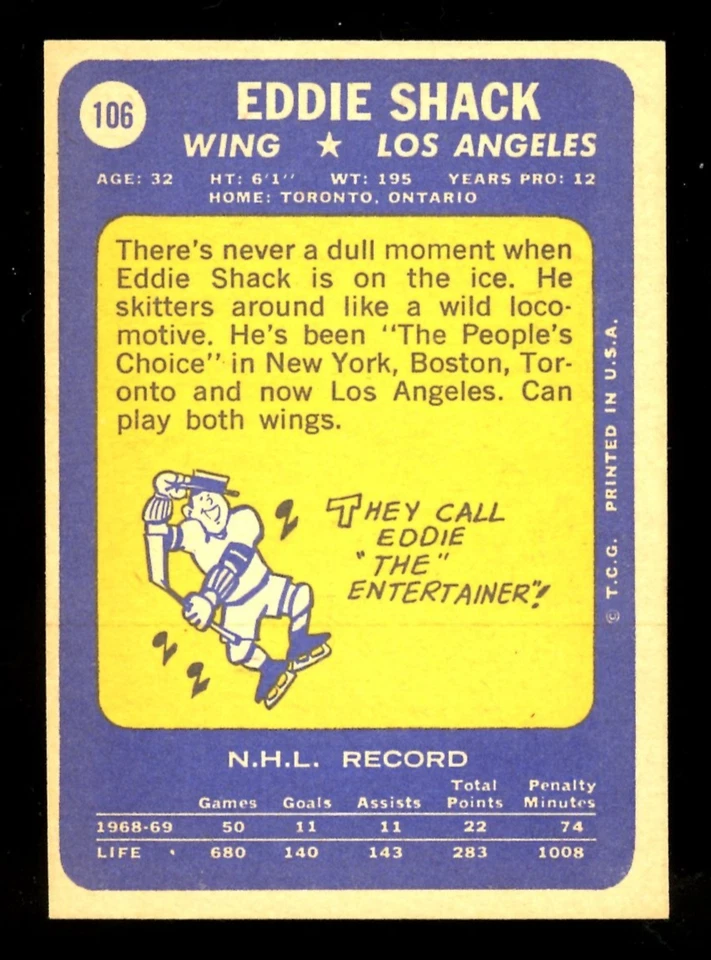 1969-70 TOPPS NHL HOCKEY #106 Eddie Shack HOF NM-MT  L A Kings Maple Leafs Card - Image 2 of 2