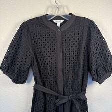 Nine West Black Chic Eyelet Fit & Flare Dress Button Up Defined Waist Size S