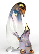 Prochaska Penguin Mother Baby Figurine Blown Glass Gold Sculpture
