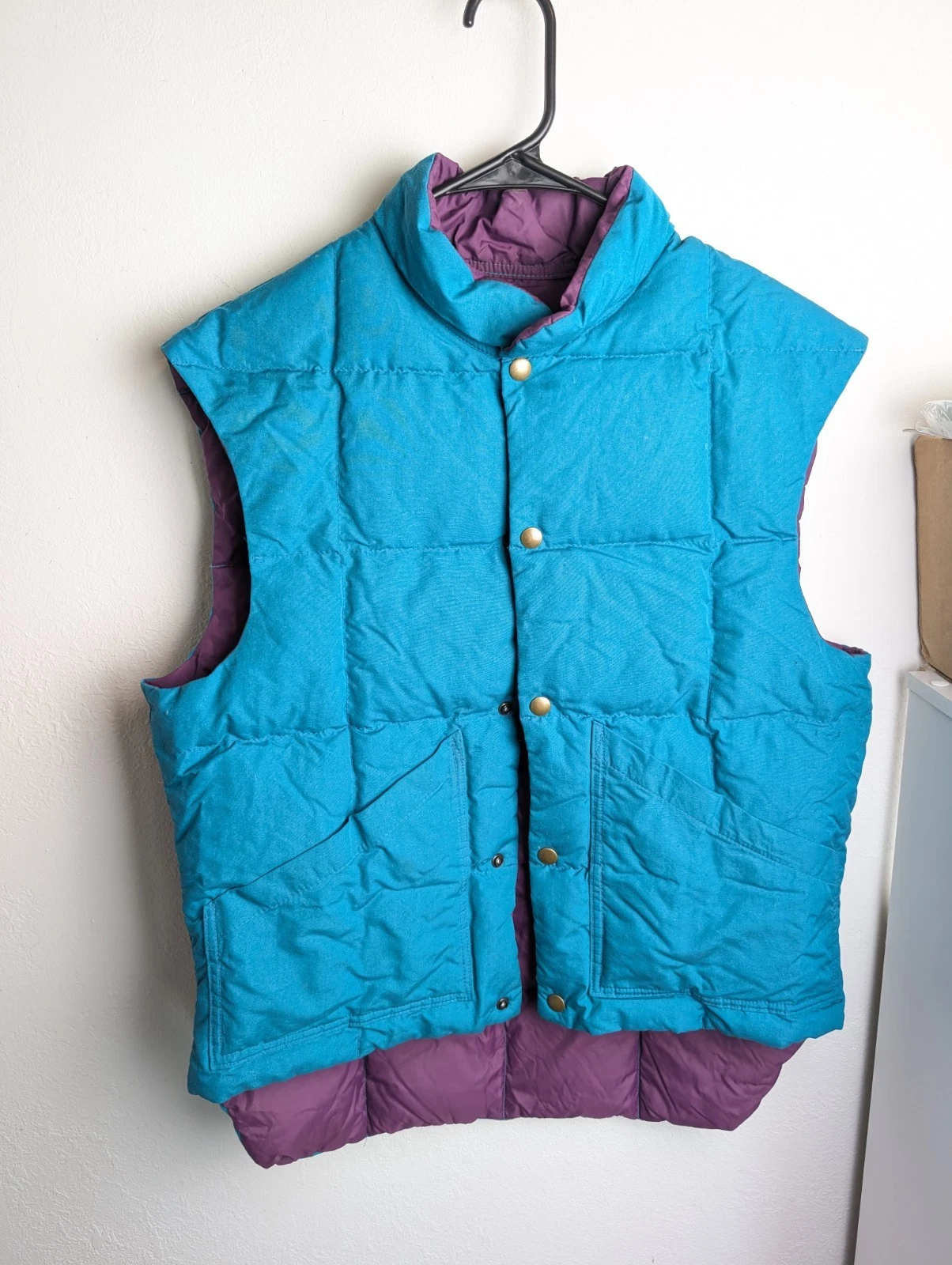 COMFY Olin Goose Down Vest Men’s MEDIUM Mock Neck Snap Blue Purple Vintage F