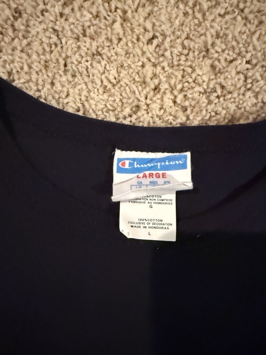 Vintage Mens Champion Large Logo T Shirt Navy Blue Long Sleeve | eBay