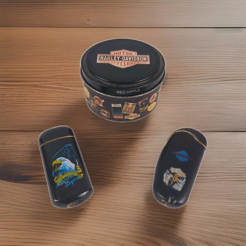 Harley Davidson Red Apple Candle and  2 Vintage Butane Lighters W/ Iconic Eagles
