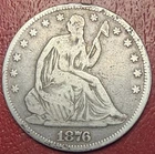 1876 Seated Liberty Half Silver Dollar. Rim Ding. Free Shipping