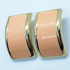 Vintage Peach Pink Enamel Gold Tone Half Hoop Rectangular Earrings