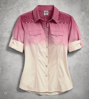 Harley-davidson Women's Studded Dip Dye Shirt With Roll Tab Sleeves 96079-17vw Harley-davidson Women's Studded Dip Dye Shirt With Roll Tab Sleeves 96079-17vw