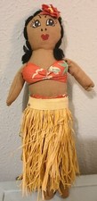 Vintage 1940s Hawaiian Hula Girl Cloth Painted Face 13" Doll Grass Skirt