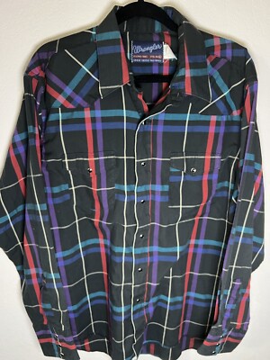 Wrangler Pearl Snap Shirt Western Plaid Vintage X-Long Tails Single Needle XL