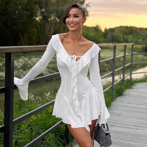 Minikleid Rüschen Schnürung weiß V-Ausschnitt Patchwork Langarm sexy schmal Kleid - Bild 2 von 27