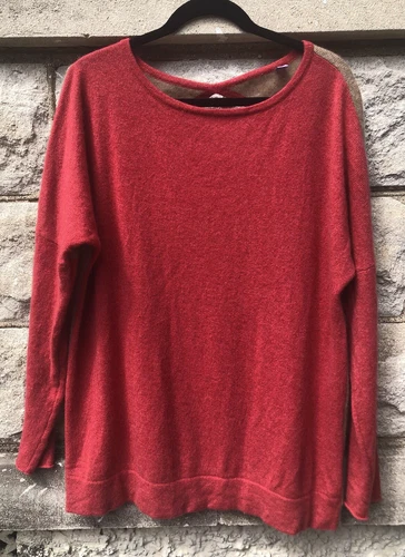 Sexy Keyhole 100% CASHMERE LS KNIT SWEATER Tunic Top LaRge Coral Tan Colorblocks