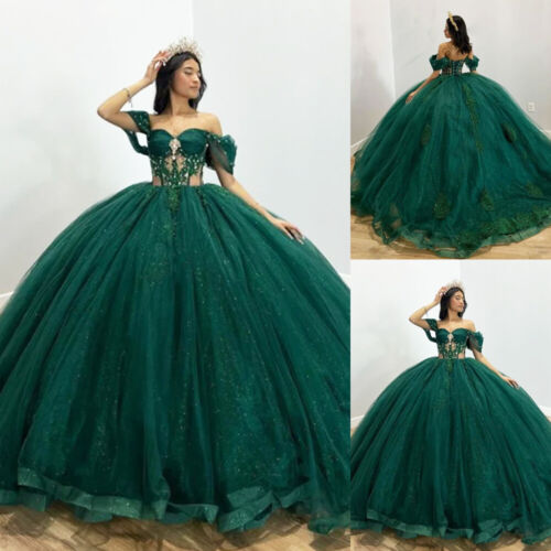 Emerald Green Quinceanera Dresses Off Shoulder Sweet 15 16 Prom Party Ball Gowns - Afbeelding 1 van 10