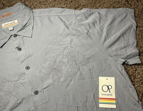 Vintage OP Shirt Mens XXl Gray Floral Button Up Short Sleeve Ocean Pacific NWT - Picture 8 of 11