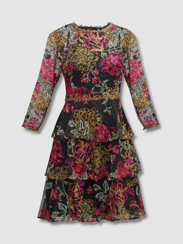$595 Marchesa Notte Women's Black Tiered Floral-Embroidered Tulle Dress 4