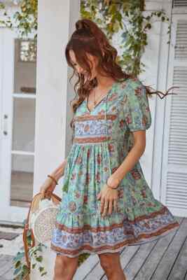 Kleid Damen Kurz Bohemian Grün Blumen Leicht Boho Chic 51743