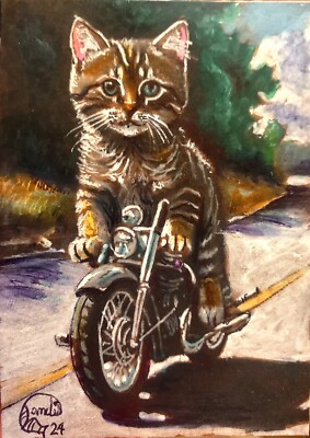 Jacob Landis Limited edition ACEO print /250 cat ol bike Motorcycle ''Tabby Rid'n