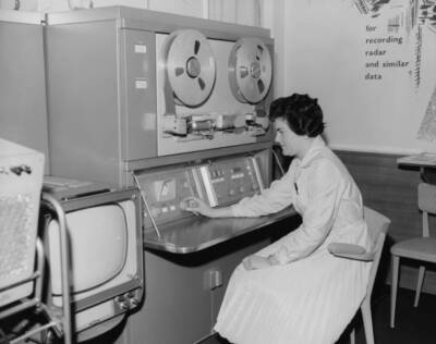 Jill Moore sits at the control panel of Videotape Television - 1960 Old Photo 1