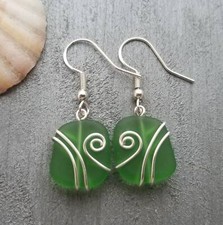 Hawaiian Jewelry Sea Glass Earrings, Wire Forest Green Earrings, Sea