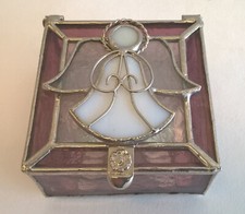 Angel Stained Glass Trinket Box 3x3 Silver White Amethyst Tones Mirror Lid Chain