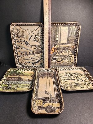 5 Vintage Japanese Japan Shin Kogei Paper Trays Wall Hangings Girl Cat Winter