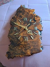 Vtg Live Edge Wood Tree Slice Slab Wall Clock Burl Resin High Gloss  1970s Gwo