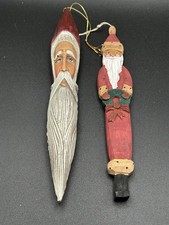 Vintage Set Of 2 Handcarved Wooden Santa Icicle Pencil Shape Rustic Country