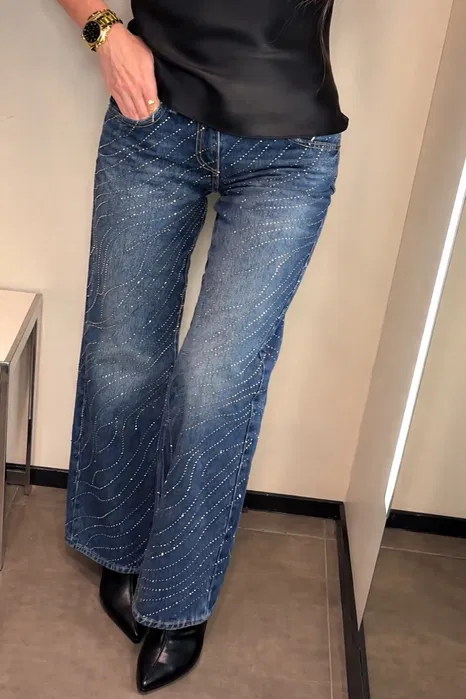 Zara TRF Low Rise Wide Leg Rhinestone Jeans Blue UK6 UK8 UK10 UK12