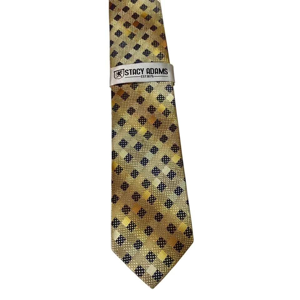 STACY ADAMS Men's Necktie & Pocket Square Set Designer Geometric Yellow/Blue NWT - Image 2 of 4