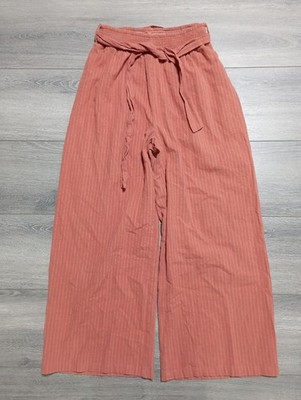 Hem & Thread Pants Womens Small Pinstriped Shirred Waist Belt Tie Wide Leg