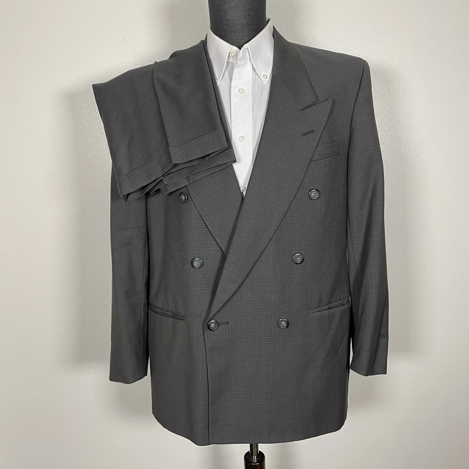 Portfolio USA Made 2 Piece Suit Mens 42R 34x28 Green Plaid Peak Double Breasted - Image 2 of 4