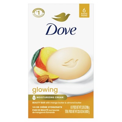Dove Beauty Bar Soap Glowing Mango & Almond Butters, 6 Bars for Radiant Skin,...